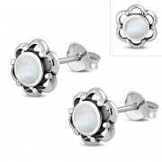 Large Mother of Pearl Flower Stud Silver Earrings, e334